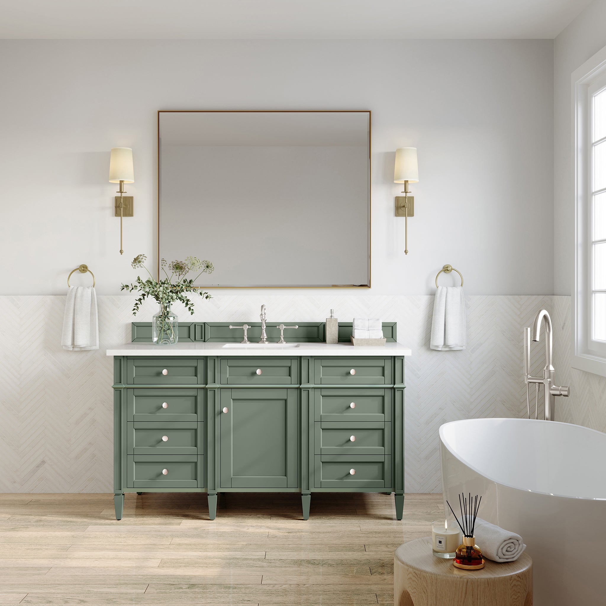 Brittany 60-Inch Single Bathroom Vanity in Smokey Celadon with 3CM White Zeus Quartz Top - Perfect for Modern Master Bathrooms & Powder Rooms