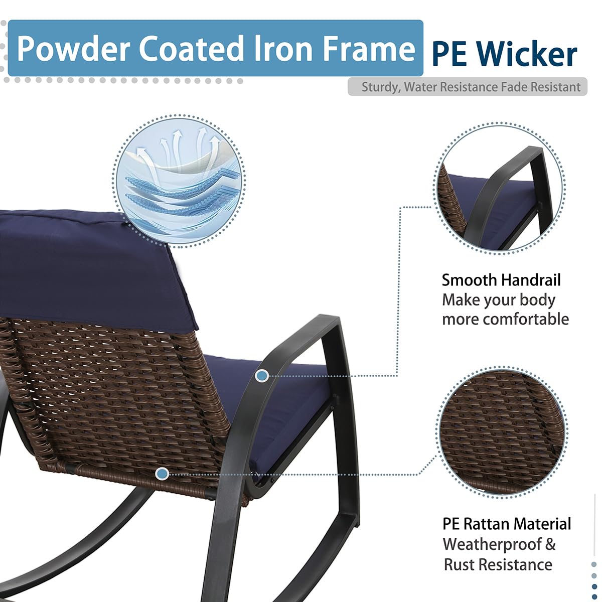 3-Piece Wicker Rocking Bistro Set with Coffee Table - Outdoor Patio Furniture for Porch, Balcony, Garden & Backyard - Blue Conversation Seating for Relaxing & Entertaining Guests