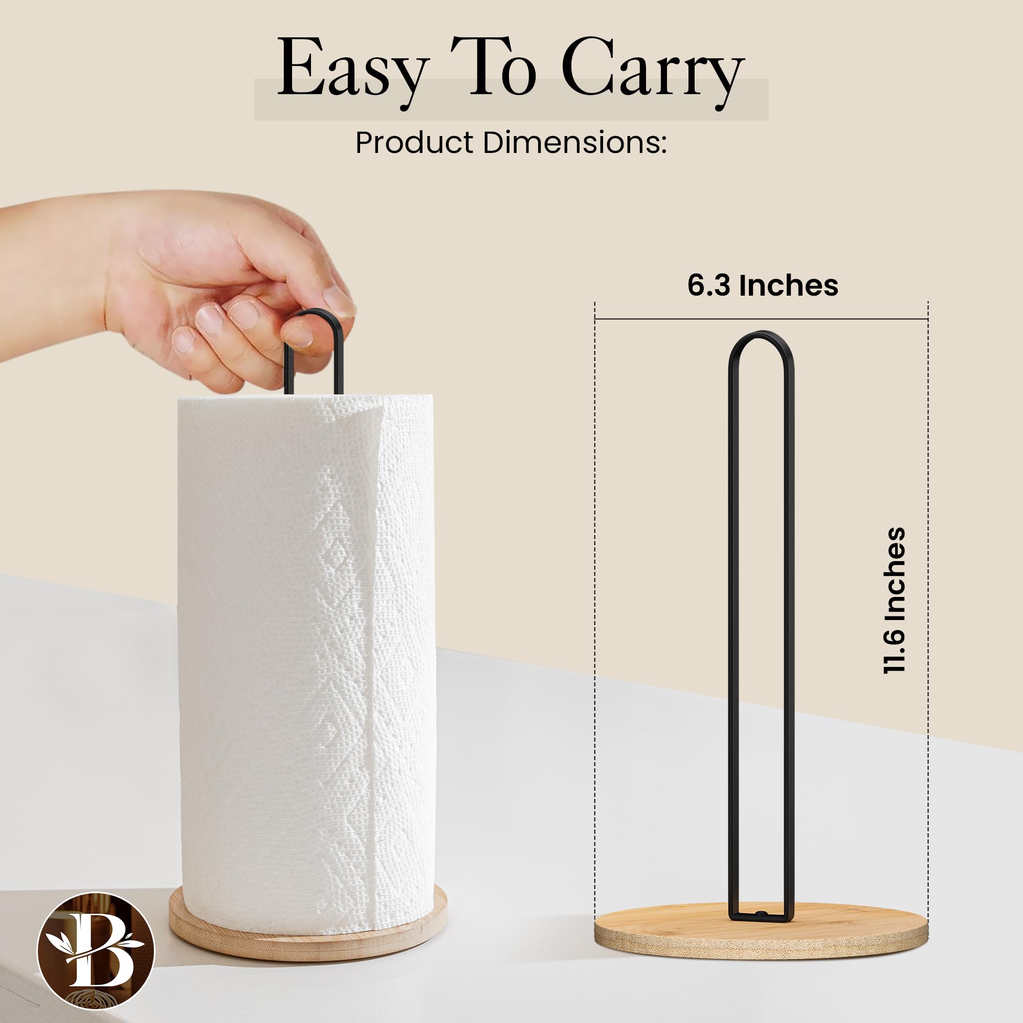 Premium Wooden Paper Towel Holder with Non-Slip Base - Modern Minimalist Countertop Dispenser for Kitchen, Home & Office - Black Bamboo Stand by Bambüsi - Perfect for Easy Access & Stylish Organization