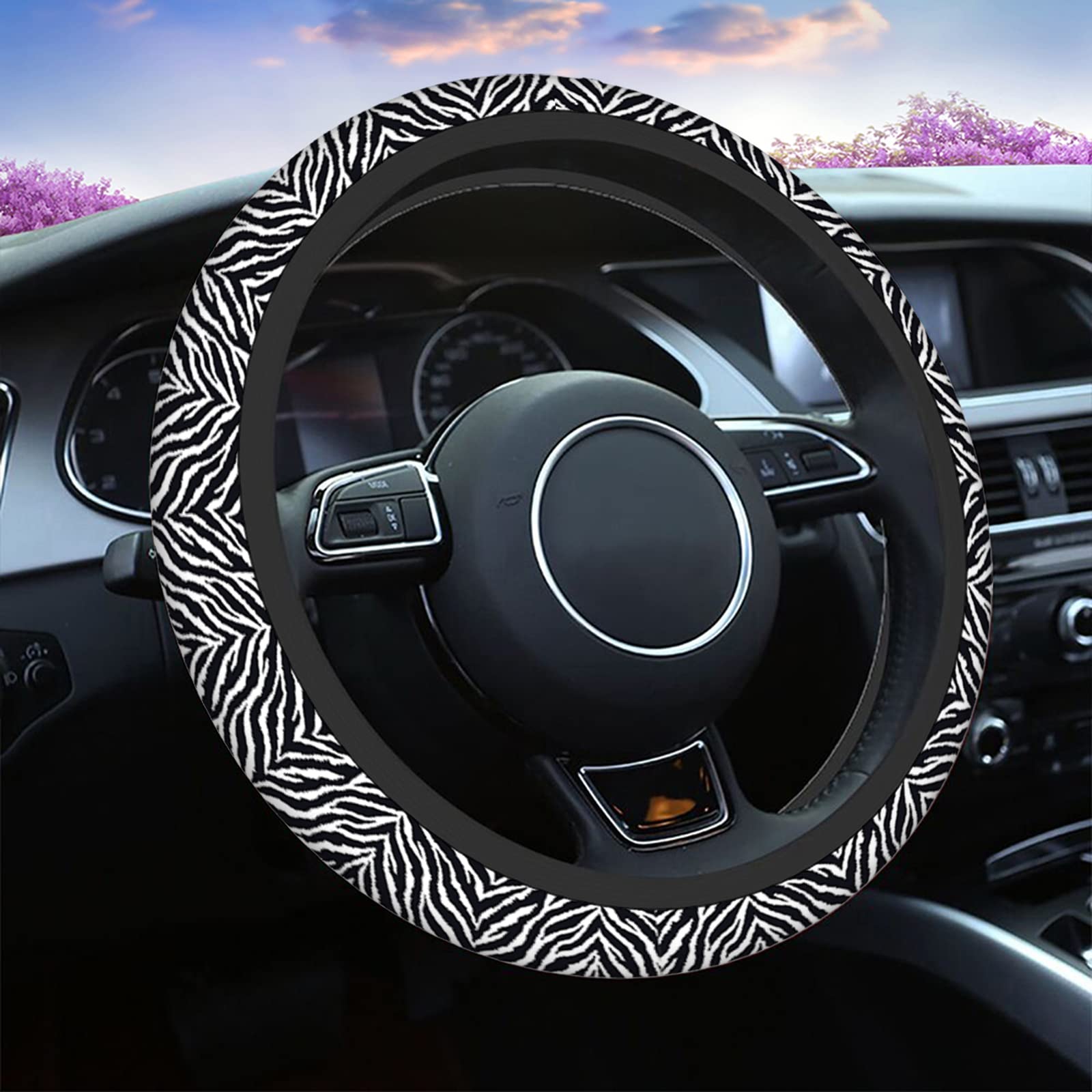 Swono Non-Slip Neoprene Steering Wheel Cover - 15 Inch Zebra Print Black Stretch-On Car Wrap for Comfort Grip & Protection | Perfect for SUVs, Trucks & Daily Commutes