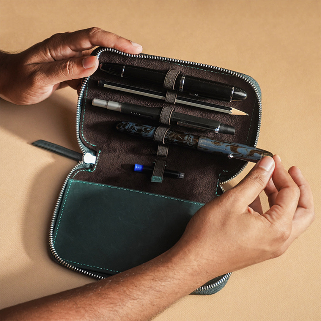 Premium Leather Adjustable 5-Pen Pouch - Blue | Stylish Organizer for Writers, Students & Professionals | Perfect for Office, School & Travel Use