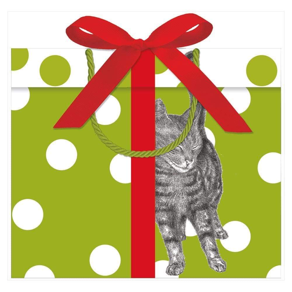 Caspari Curious Christmas Cats Large Gift Bags - Set of 2, Holiday Party Favor Bags for Christmas Gifts, Decorations, and Festive Celebrations
