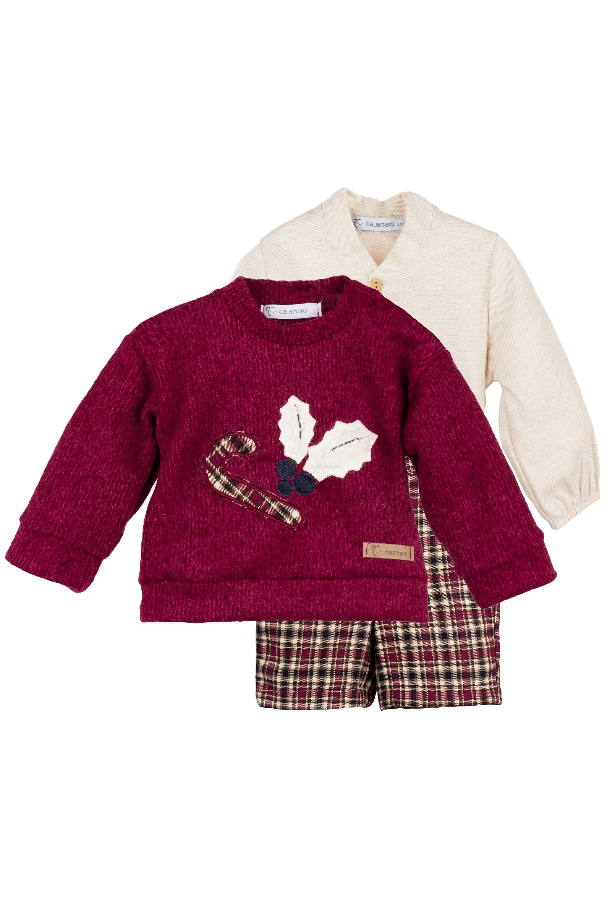 Sonny Burgundy Chenille Jumper, Button-Up Shirt & Plaid Shorts Set - Cozy Winter Outfit for Women, Christmas Family Photos, Holiday Party Fashion