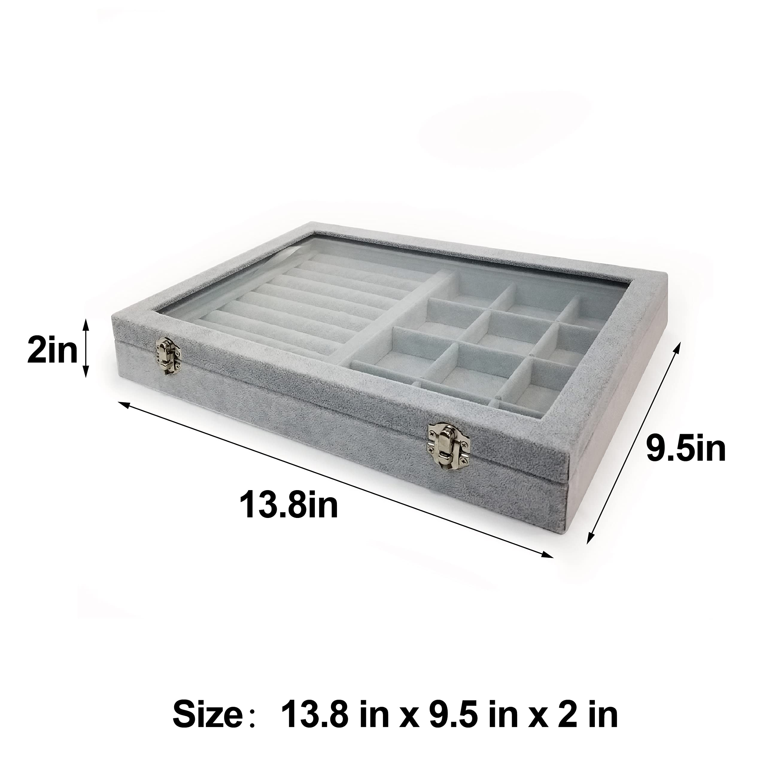 12 Grid Ice Velvet Jewelry Organizer Box with Clear Locking Lid - Ring Tray Display Case for Earrings, Necklaces & Bracelets - Perfect for Travel, Home Storage & Retail Showcase (Grey)