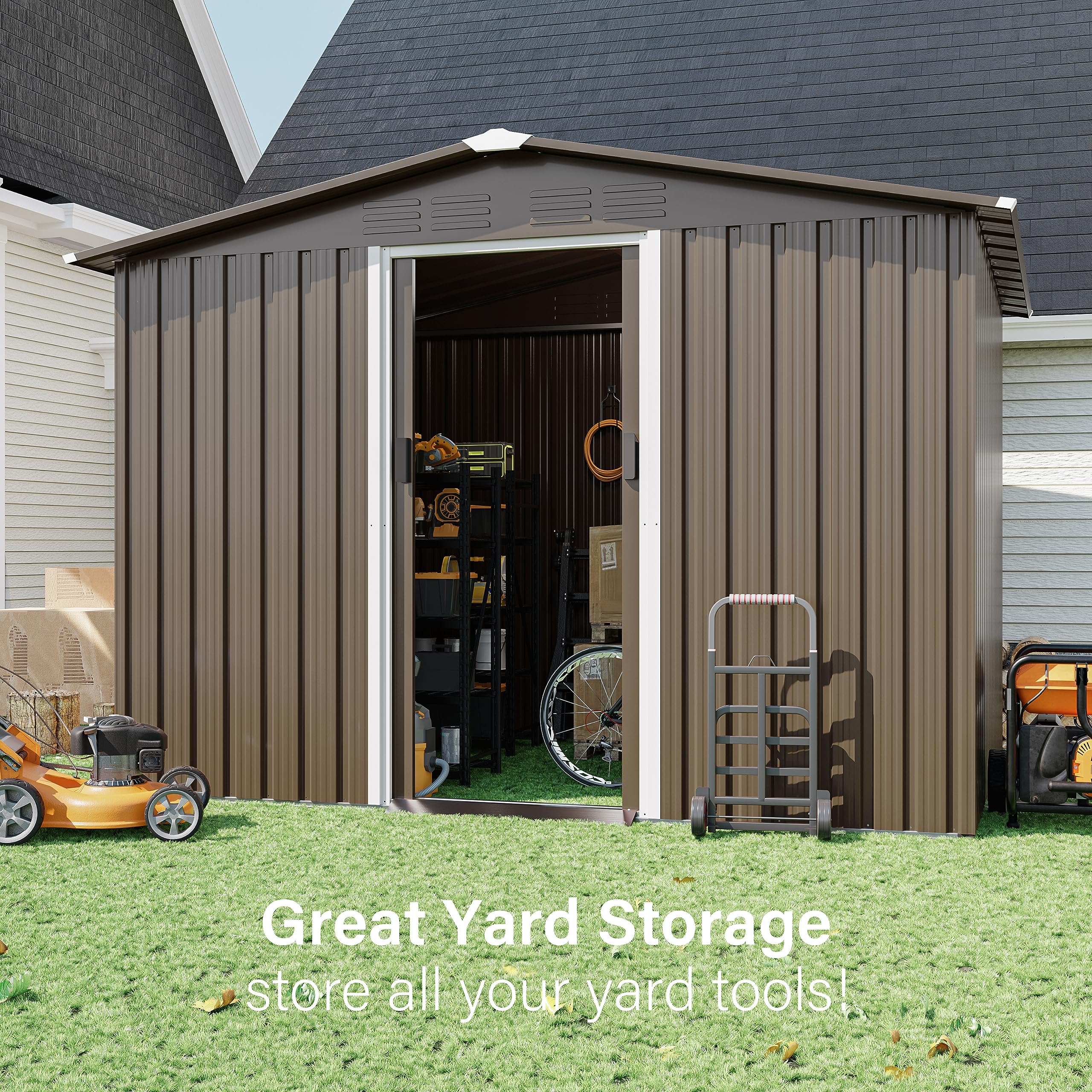 8FT x 6FT Heavy Duty Outdoor Storage Shed - Waterproof & Lockable Metal Tool Shed with Sliding Door & Air Vents - Perfect for Storing Gardening Tools, Lawn Equipment & Backyard Supplies (Ideal for Garden, Yard & Patio Organization)