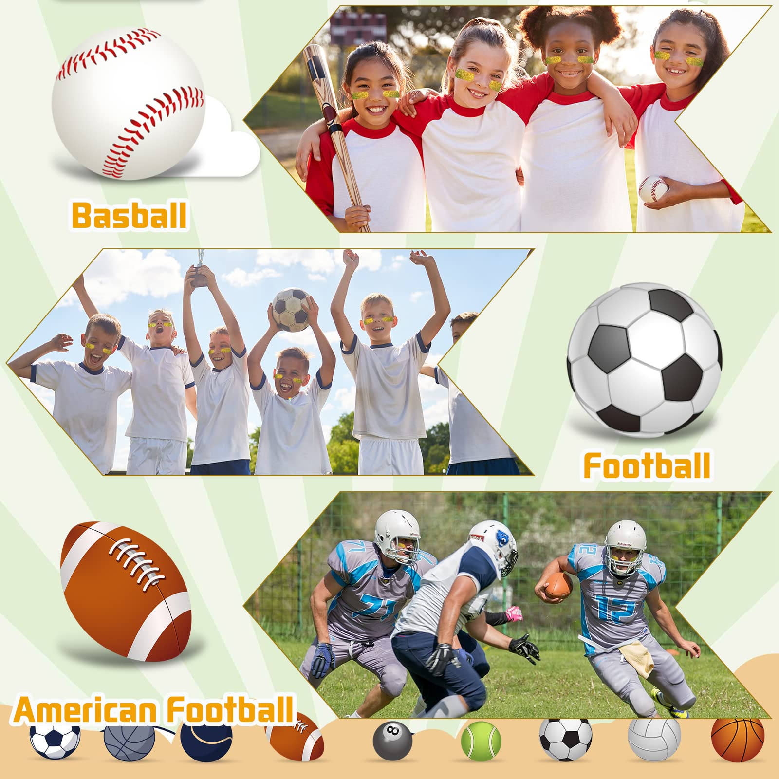 160 Pcs Glitter Sports Eye Stickers - Softball Baseball Football Cheek Face Paint Adhesive Strips for Kids & Adults - Perfect for Game Day, School Events, Halloween & Sports Fan Parties