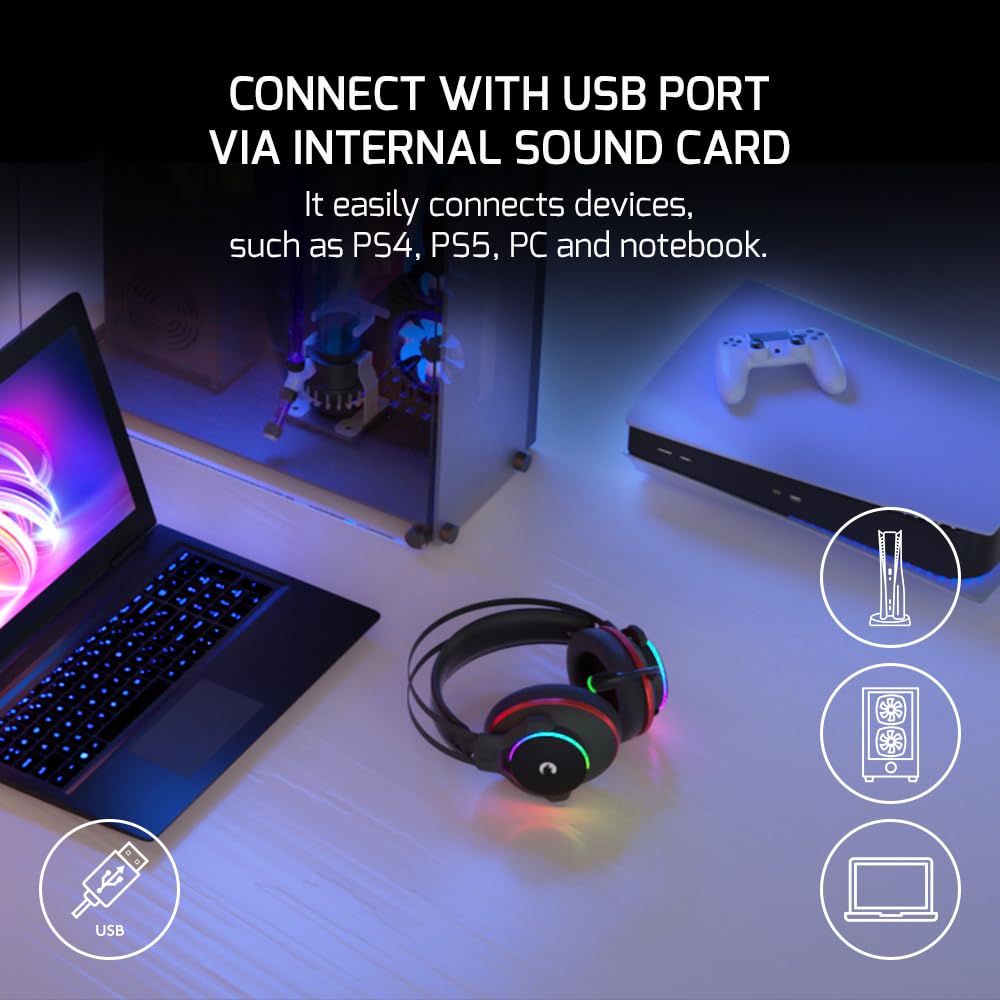 GAMEPOWER Mei 7.1 RGB Gaming Headset with 50MM Drivers & Noise Cancelling Mic - Compatible with PS5, PS4, PC - Perfect for Competitive Gaming & Immersive Audio Experience