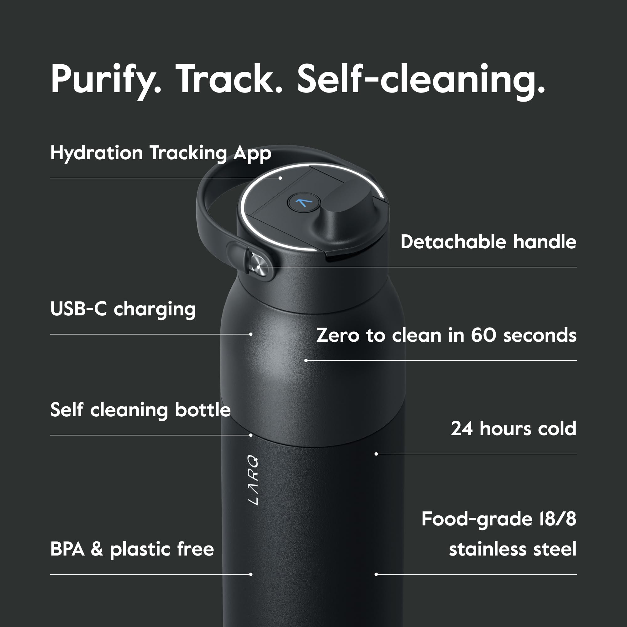 LARQ Bottle PureVis 2 - UV Water Purifier Self-Cleaning Stainless Steel Water Bottle with Hydration Tracking App, Filter Straw & Detachable Handle | Double-Wall Insulated for Hiking, Gym & Travel