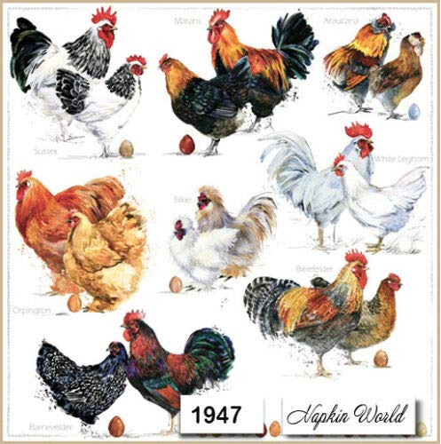 Vintage 1947 Chicken Breeds & Eggs Decoupage Napkins for Luncheon Decor
