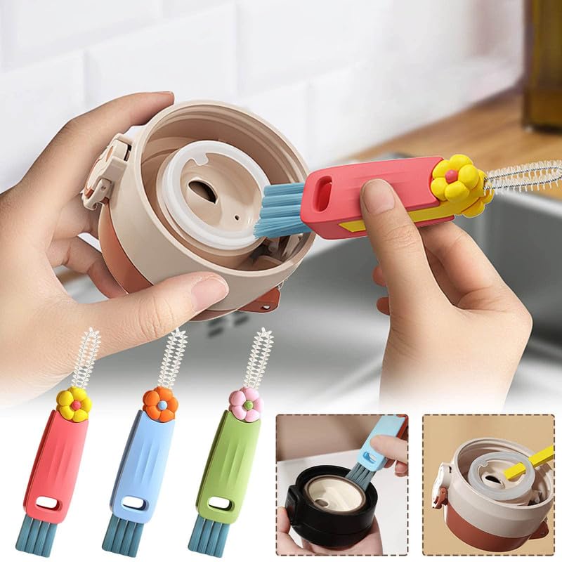3 in 1 Cup Lid Cleaning Brush Set - Multifunctional Bottle Gap & Tight Space Cleaner for Baby Bottles, Travel Mugs & Water Bottles | Portable Crevice Cleaning Tool for Kitchen, Nursery & On-the-Go Use