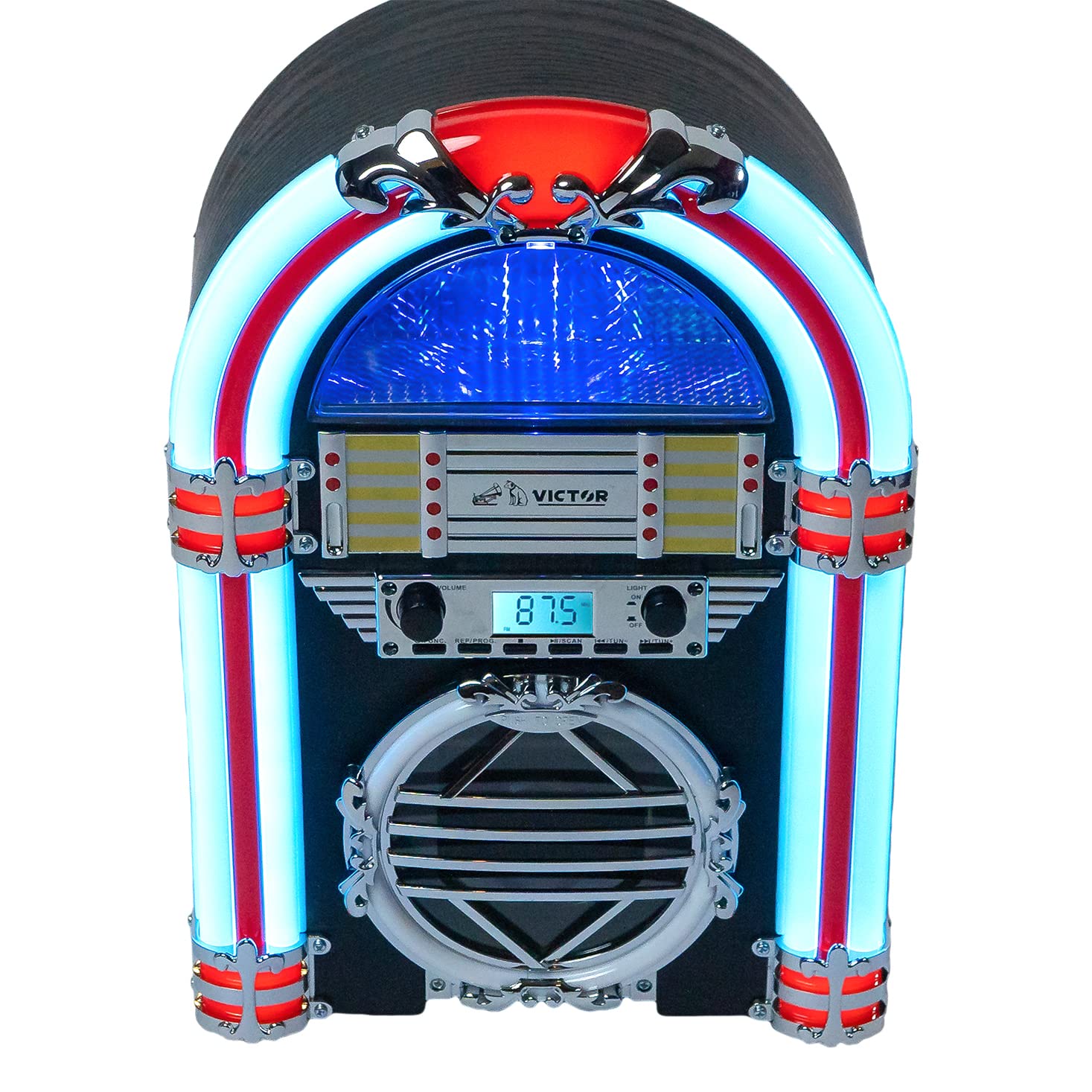 VICTOR Broadway Desktop Bluetooth Jukebox with CD Player & FM Radio | Built-in Stereo Speakers & Color-Changing LED Lights | Perfect for Home, Office & Party Entertainment (Blue)