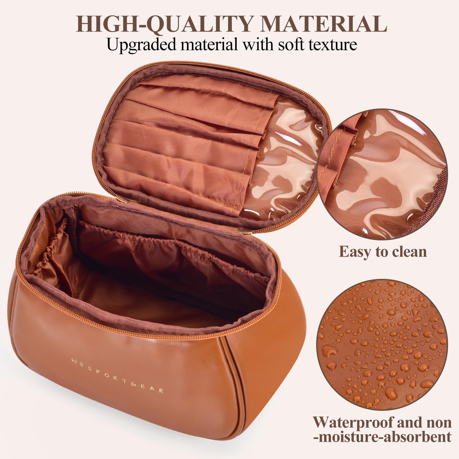 Waterproof Travel Makeup Bag for Women - Large Capacity Cosmetic Organizer with Multiple Compartments, Portable Toiletry Bag for Vacation, Business Trips & Gym Essentials (Brown)