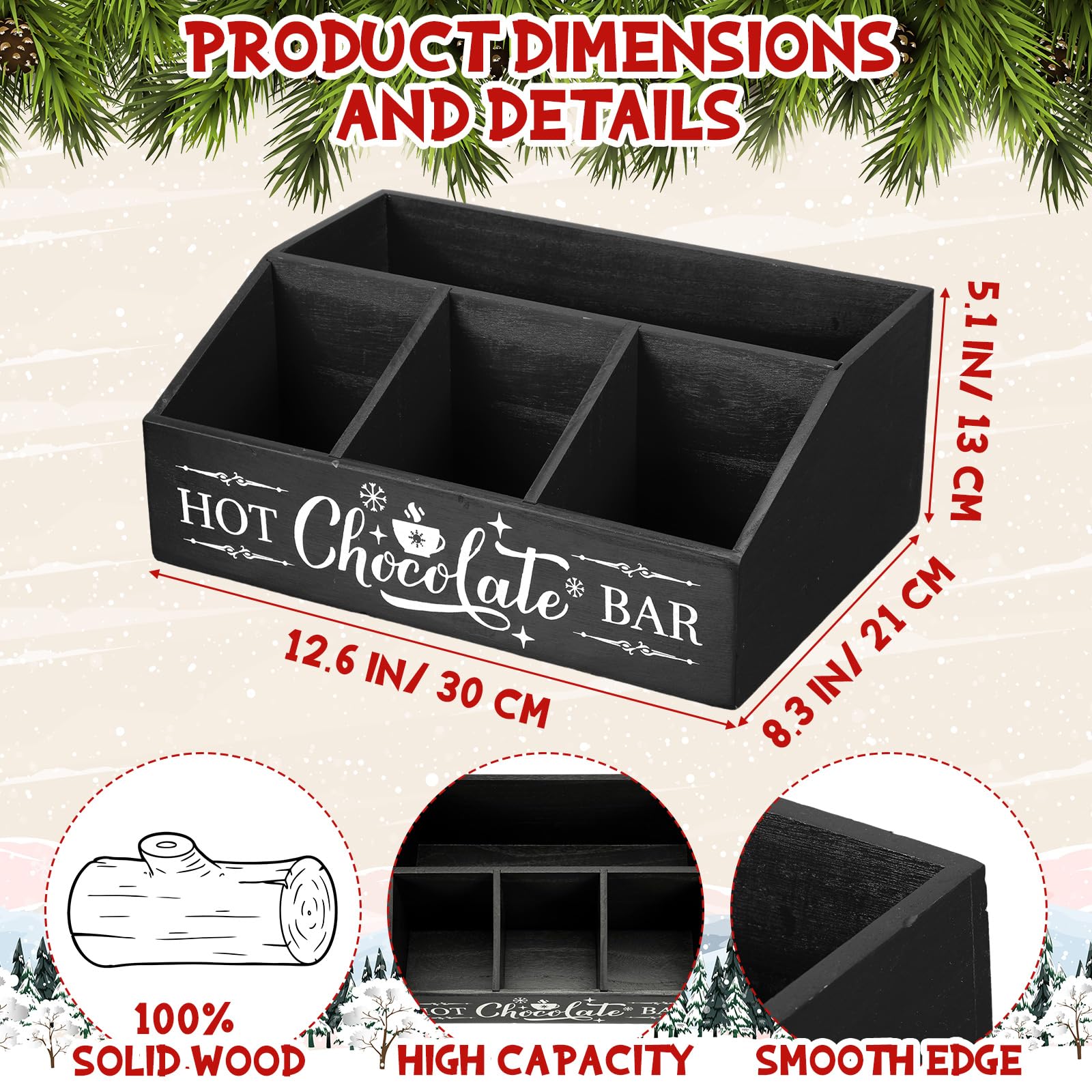 Barydat Christmas Hot Cocoa Bar Organizer - 4 Compartment Wooden Coffee Station Countertop Holder for Kitchen, Holiday Party & Home Decor - Perfect for Xmas Gifts, Hot Chocolate Serving & Coffee Bar Organization (Black)