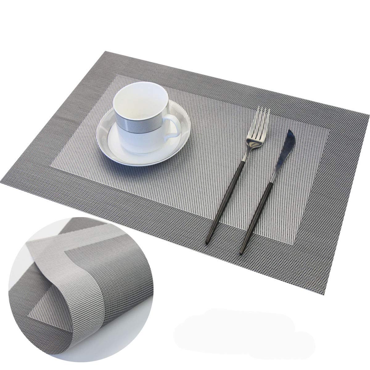 Modern Elegant Washable Vinyl Placemats Set of 6 with Table Runner - Non-Slip Durable Table Mats for Dining Room, Kitchen, Party Decor (6 Placemats + 1 Runner, Silver)