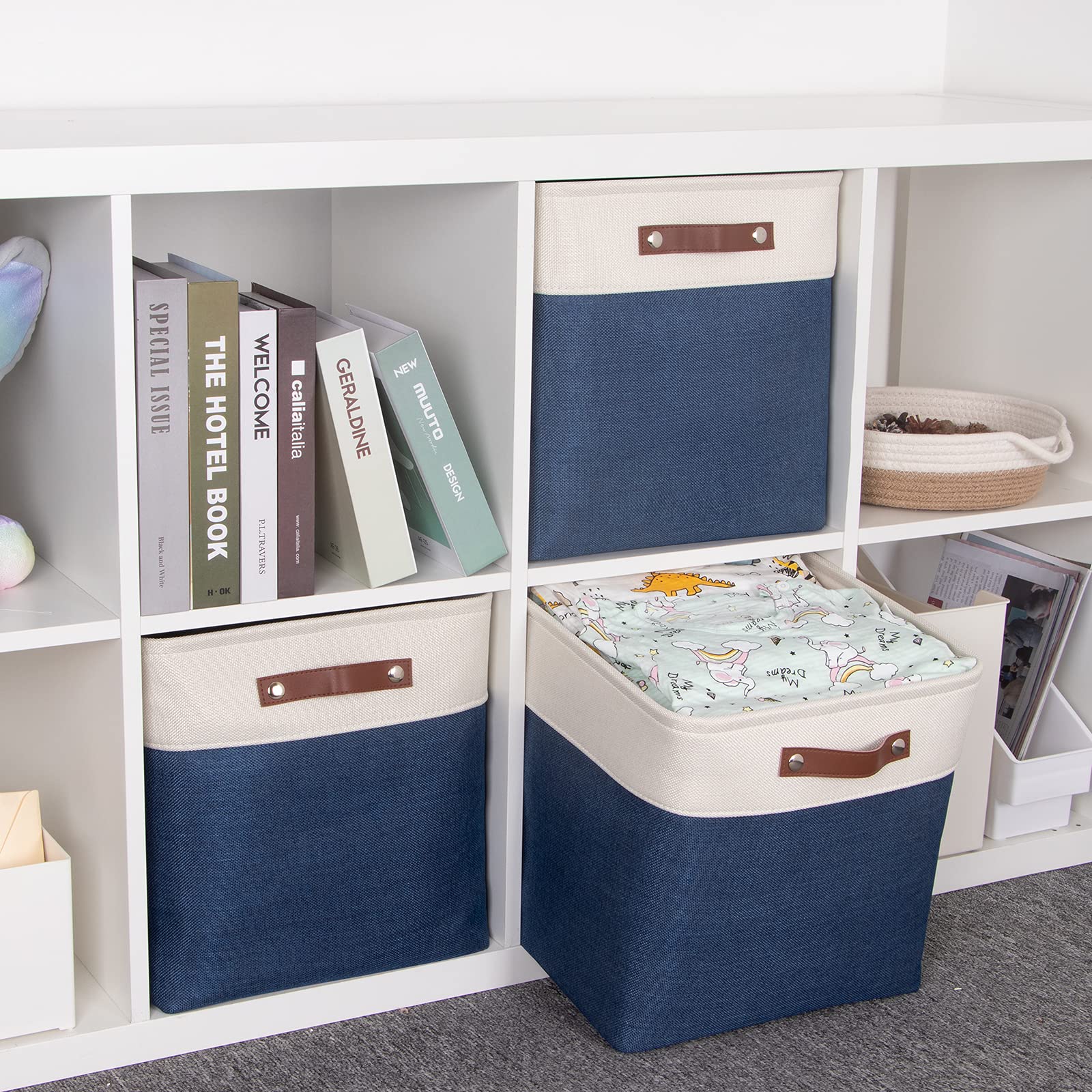 3-Pack Fabric Storage Cubes & Bins - 13x13 Collapsible Organizer Baskets with Leather Handles (White & Blue) | Perfect for Shelves, Closets & Toy Storage | Home Organization & Nursery Decor