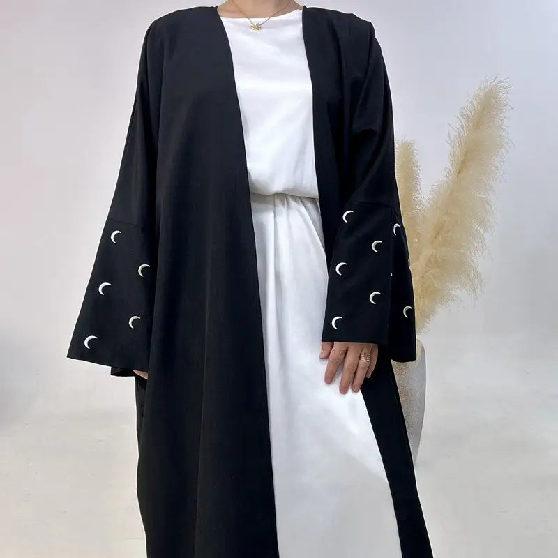 Moon Embroidery Cardigan Open Abaya Dress - Elegant Muslim Women's Outerwear for Prayer, Wedding & Special Occasions