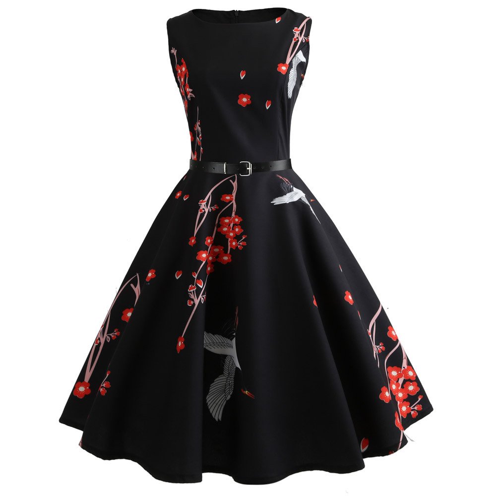 Vintage Printing Sleeveless Bodycon Swing Dress for Women - Elegant Evening Prom Party Dress, Perfect for Formal Events, Cocktail Parties & Special Occasions