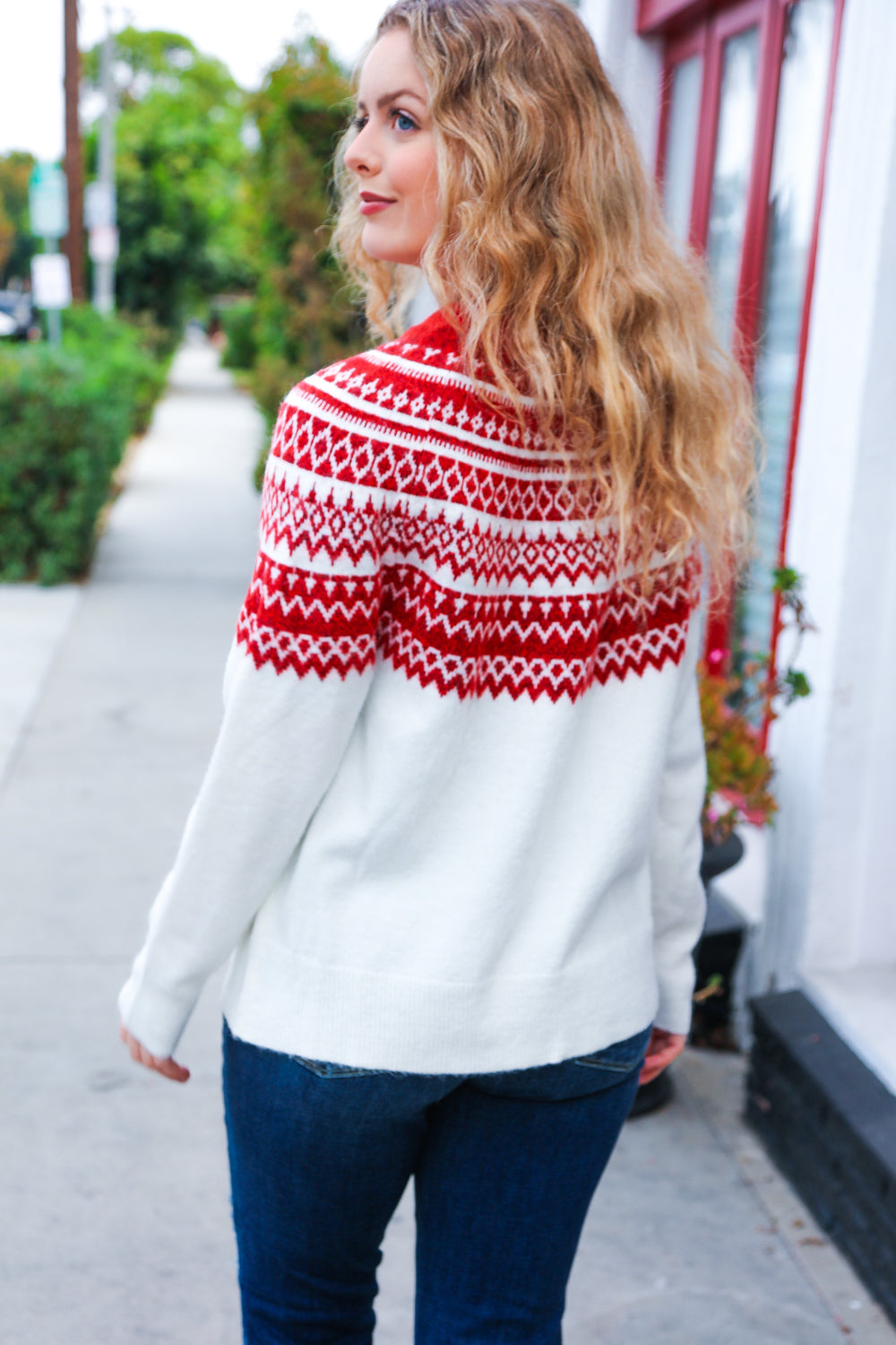 Festive Ivory & Red Fair Isle Mock Neck Sweater - Cozy Christmas Holiday Knitwear for Women, Perfect for Winter Parties & Family Gatherings