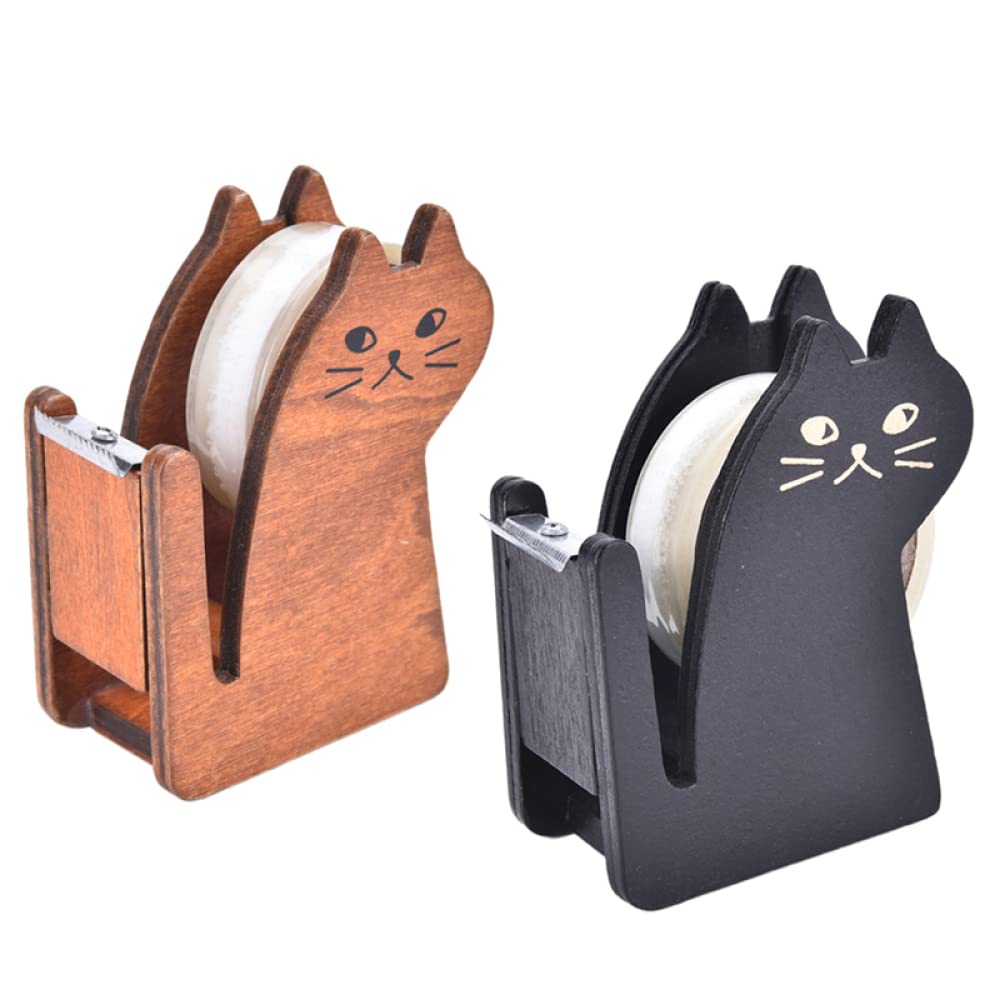 OWZSAN 2-Pack Mini Tape Dispenser & Cutter Set - Wooden Cat Design for Packing, Shipping, and Crafting - Perfect for Home, Office, and DIY Projects