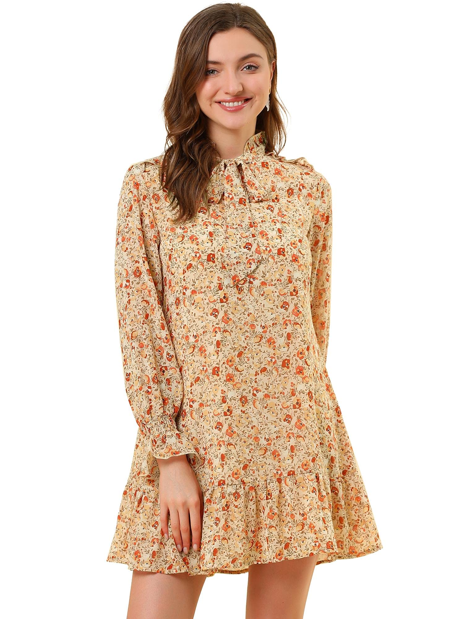 Allegra K Women's Floral Chiffon Dress with Ruffle & Self-Tie Neck - Loose Fit Shift Dress for Spring Summer Casual Wear, Beach Vacation & Party Occasions