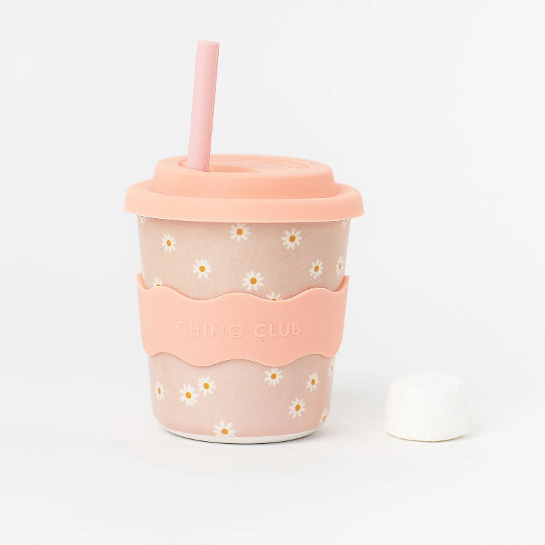 Pink Daisy Kids Keep Cup 240ml with Straw - BPA-Free Reusable Water Bottle for School, Travel & Outdoor Activities