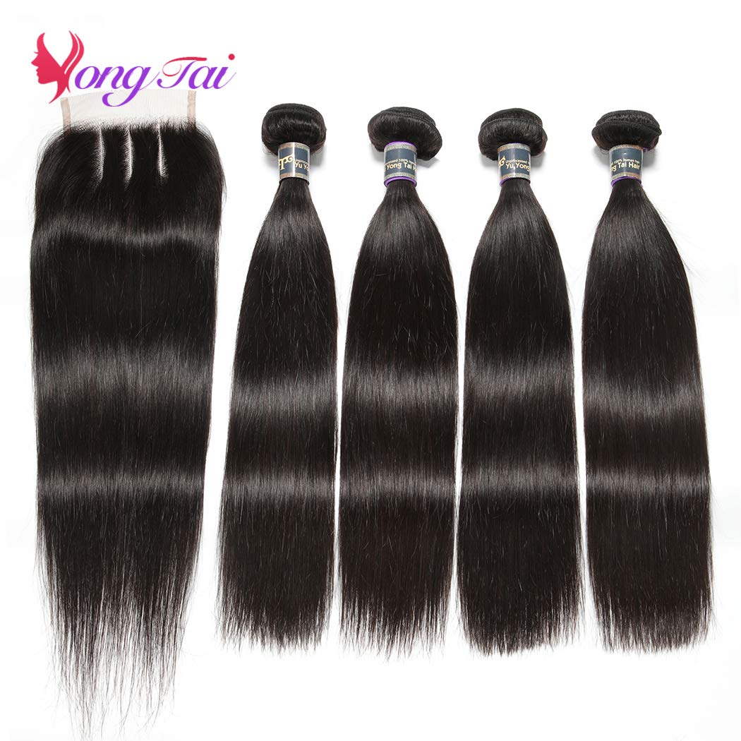 100% Malaysian Straight Virgin Hair Bundles with 3 Part Lace Closure - 12 14 16 18 +12.1B Color - 4 Bundles for Natural Look & Volume - Perfect for Daily Styling, Parties & Special Occasions
