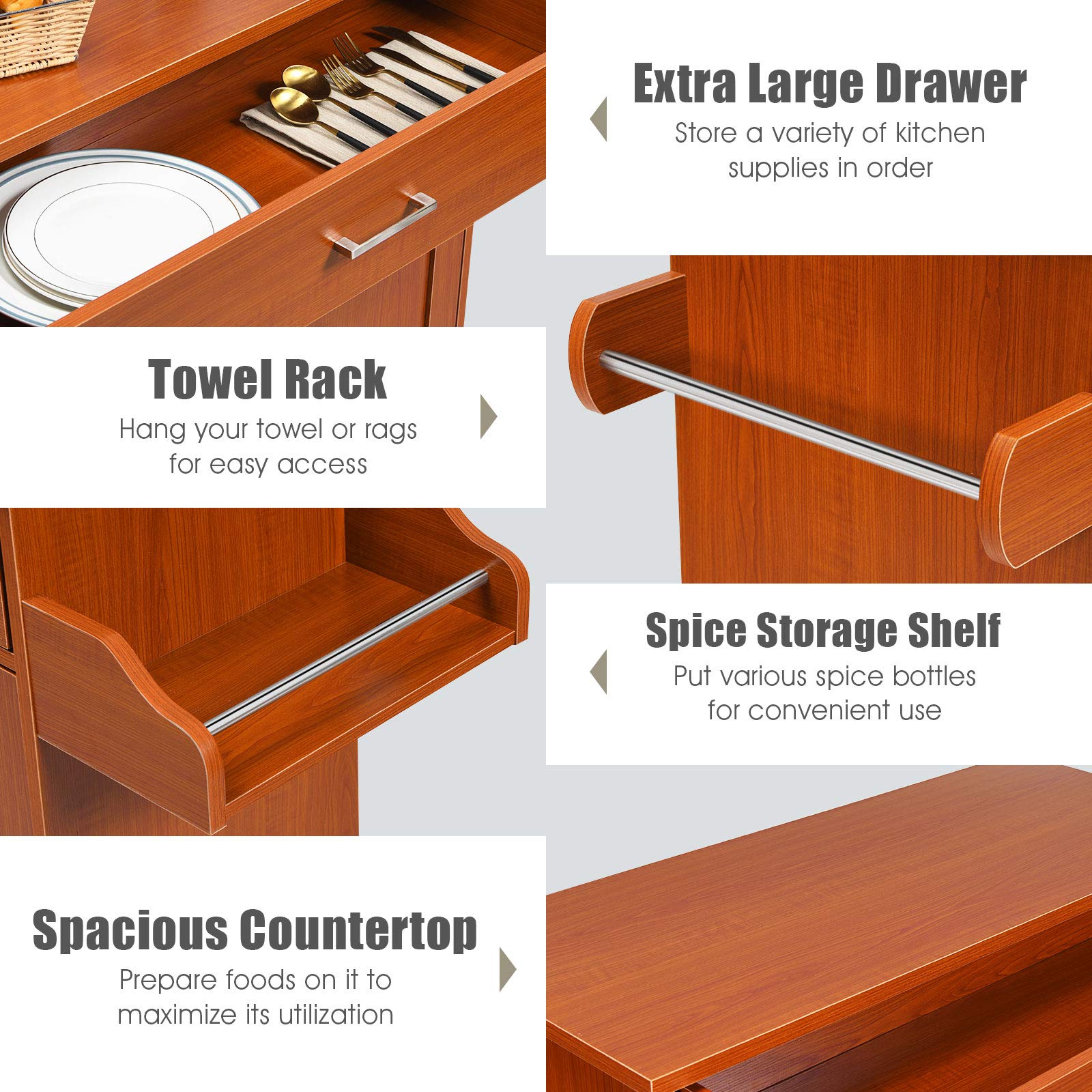Giantex Rolling Kitchen Island Cart with Spice Rack, Towel Holder, Large Drawer & 2-Door Cabinet - Lockable Wheels, Wooden Trolley with Spacious Tabletop (Cherry) - Perfect for Small Kitchens, Food Prep, Storage & Serving