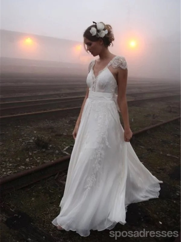 WD329 Backless Cap Sleeve V-Neck Simple Beach Wedding Dress - Perfect for Beach Ceremonies, Destination Weddings & Summer Bridal Events