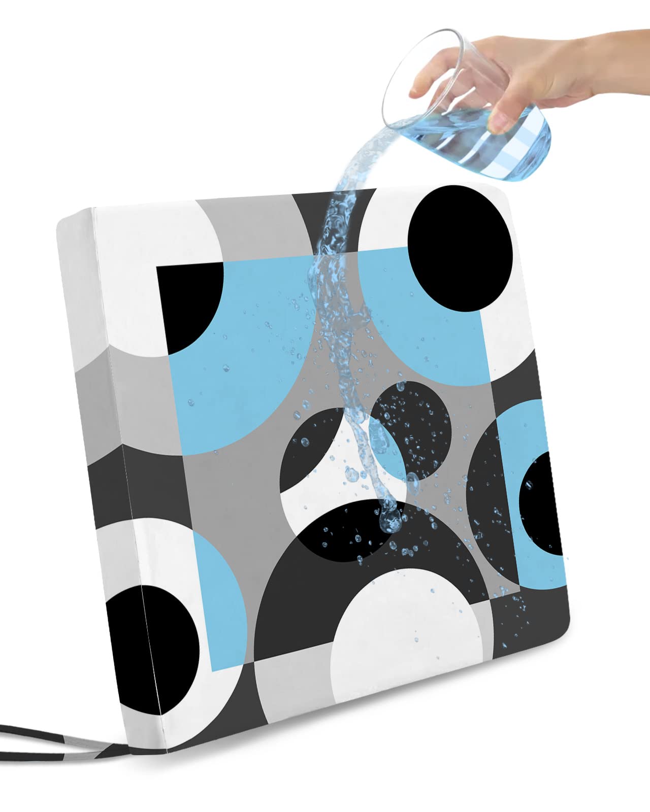 Waterproof Indoor Outdoor Seat Cushion Cover Set of 4 - 22x20 Inch Abstract Circle Pattern Chair Cushion Slipcovers with Ties, Blue & Gray Modern Geometric Design for Patio, Deck, Garden, and Poolside Furniture