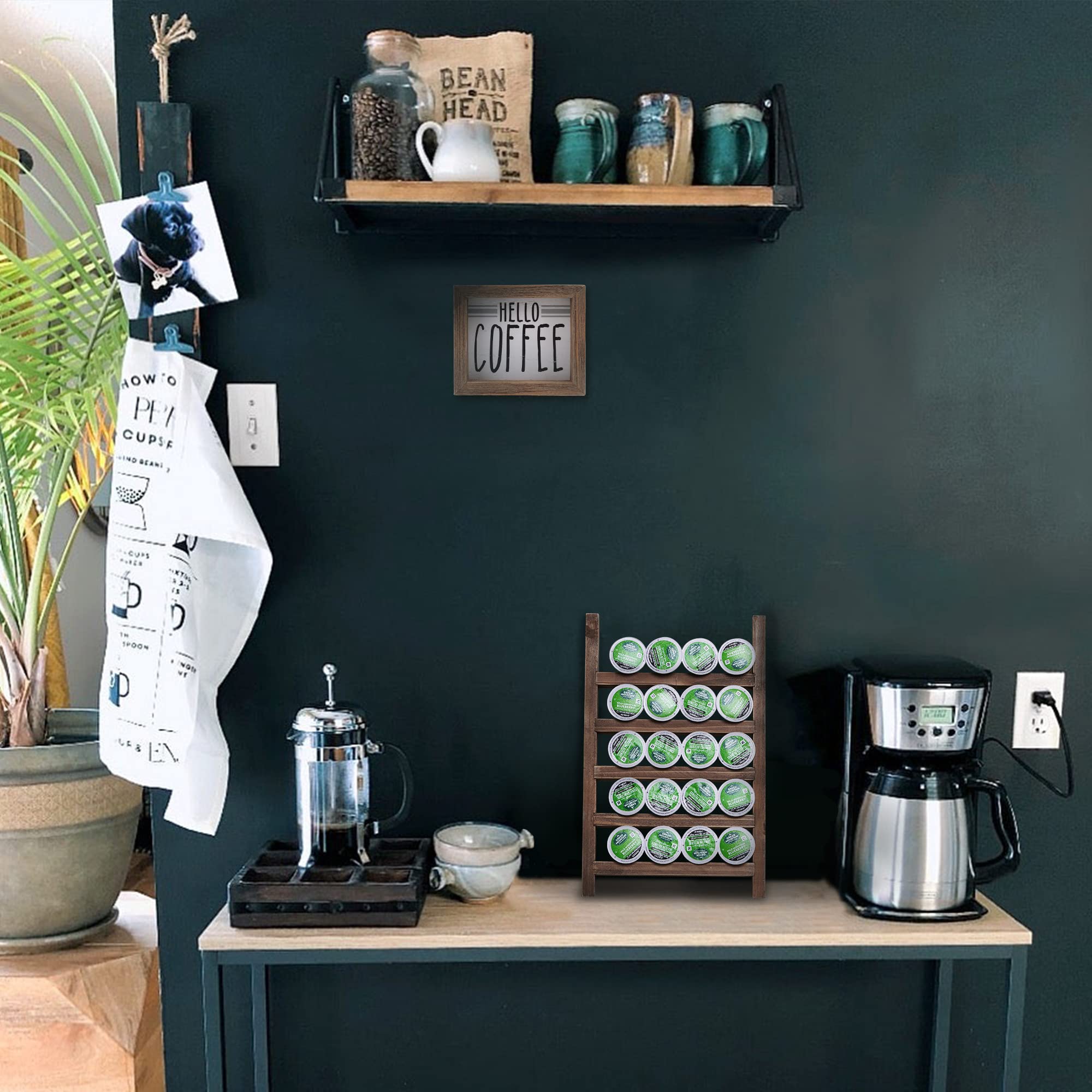 GENMOUS Wooden K-Cups Holder for Countertop - Farmhouse Style Coffee Pod Organizer with Rustic Decor Sign - Kitchen Storage & Coffee Station Accessories in Brown - Perfect for Home, Office, and Coffee Bar Decor