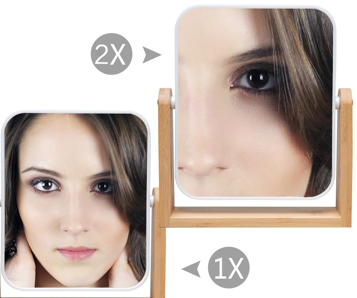 YEAKE 8-Inch Vanity Makeup Mirror with Natural Bamboo Stand - 1X/2X Magnification, Double-Sided 360° Swivel Design - Portable Tabletop Mirror for Bathroom, Bedroom & Dressing Room - Perfect for Makeup, Shaving & Skincare Routines