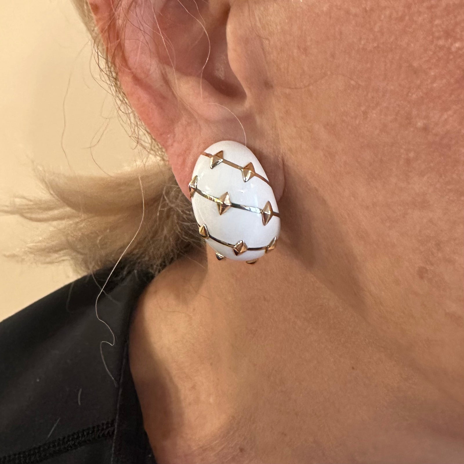 Tiffany & Co Schlumberger Dot Losange 18k Yellow Gold White Enamel Hoop Earrings | Luxury Designer Jewelry for Women | Perfect for Parties, Weddings & Special Occasions