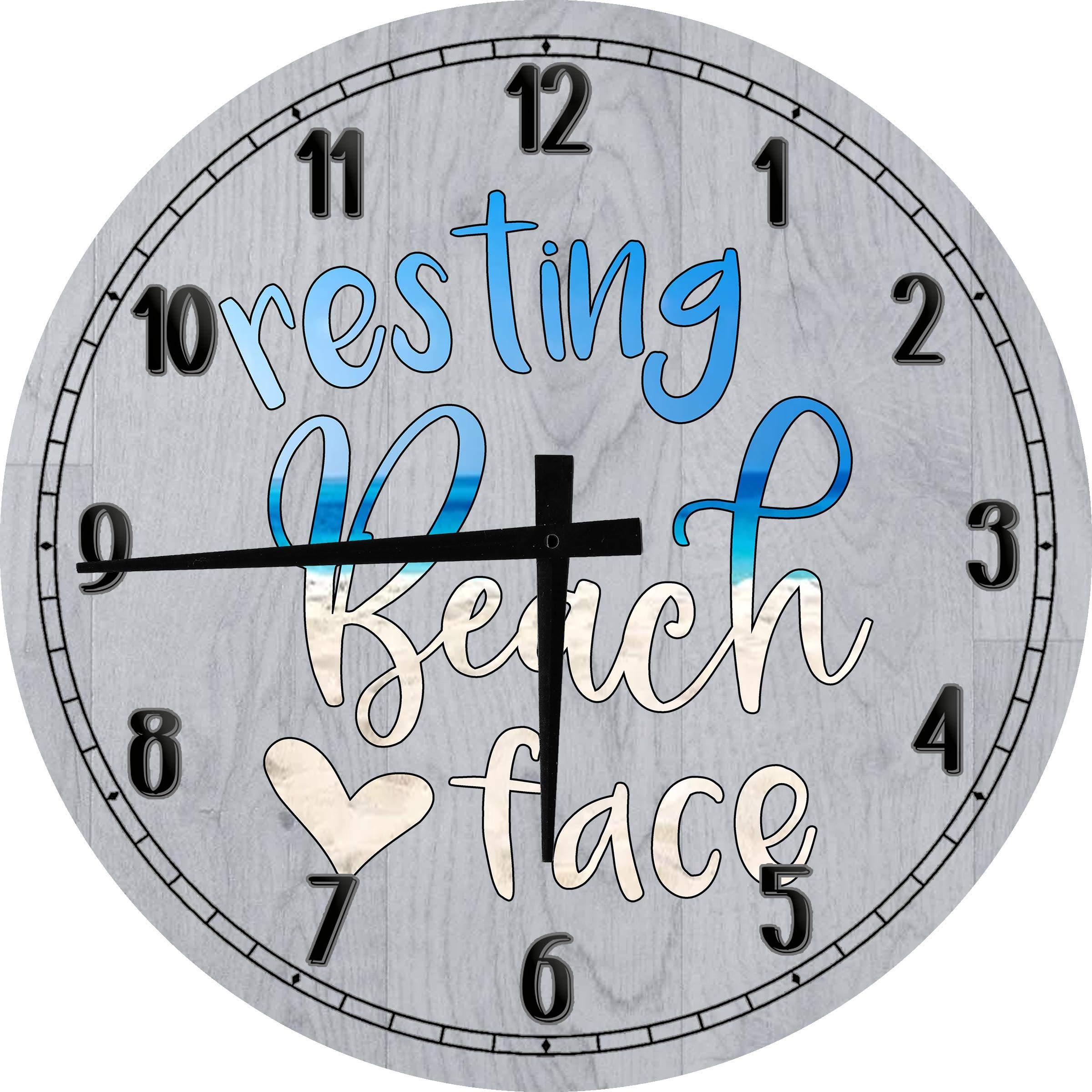 Funny 'Resting Beach Face' Ocean Theme 12 Inch Large Round Wood Wall Clock - Gray Coastal Decor for Living Room, Bedroom & Beach House