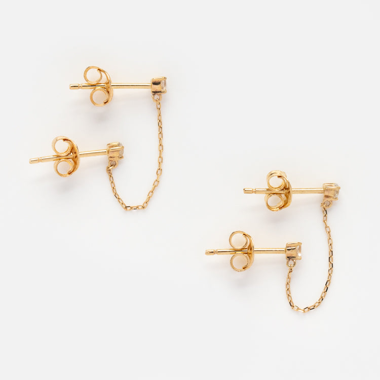 Solid Gold Double Piercing Chain Earrings for Women - 14K/18K Yellow Gold Dainty Layered Hoop Earrings - Perfect for Everyday Wear, Date Night & Special Occasions