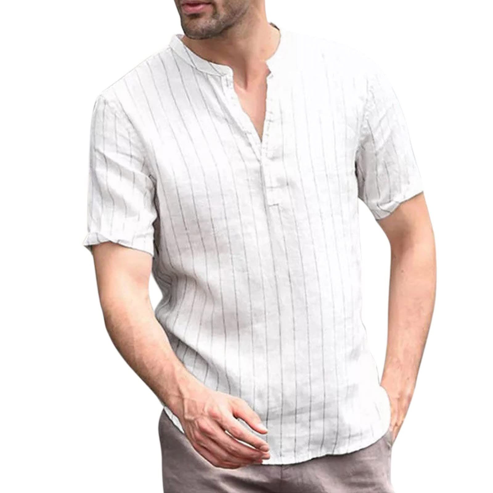 Men's Striped Button-Up Short Sleeve T-Shirt - Breathable Cotton Linen Blend for Summer | Casual Wear, Beach Outings & Weekend Style