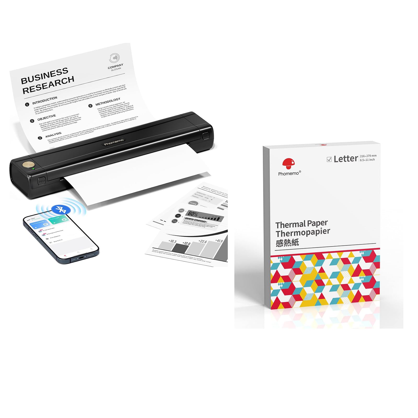 Phomemo M08E Portable Bluetooth Thermal Printer - Wireless Inkless Printer for iPhone, Android, Laptop | Includes 100 Sheets 8.5