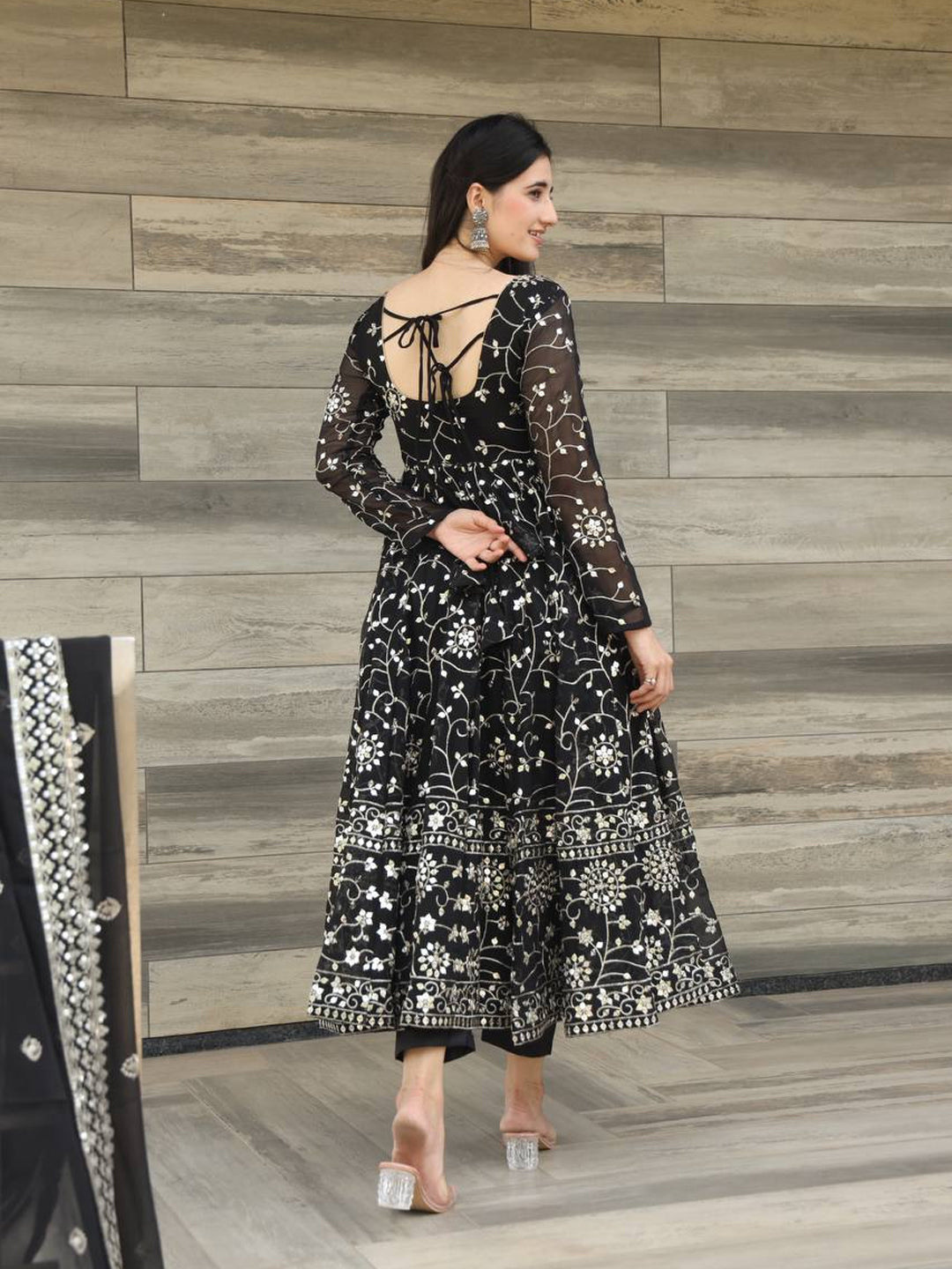 Elegant Black Designer Georgette Anarkali Dress with Intricate Embroidery - Perfect for Weddings, Parties & Special Occasions