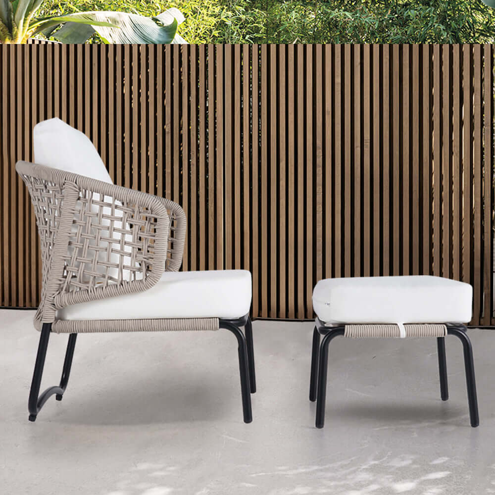 Modern Aluminum & Rope Outdoor Sofa Patio Chair Set with Ottoman in White & Black - Perfect for Backyard, Poolside & Garden Relaxation