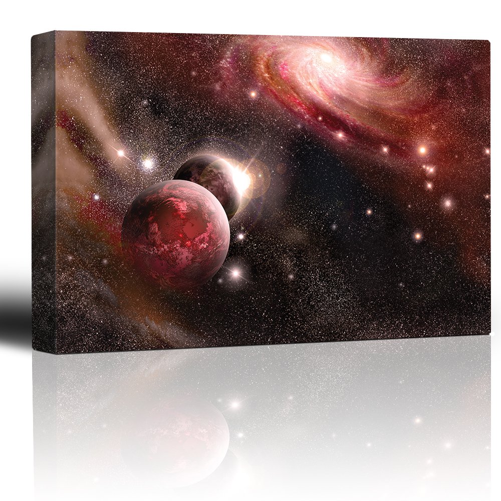 Wall26 - Red Starry Galaxy with Floating Planets Canvas Wall Art - 32x48 Inches - Modern Space Themed Home Decor for Living Room, Bedroom & Office