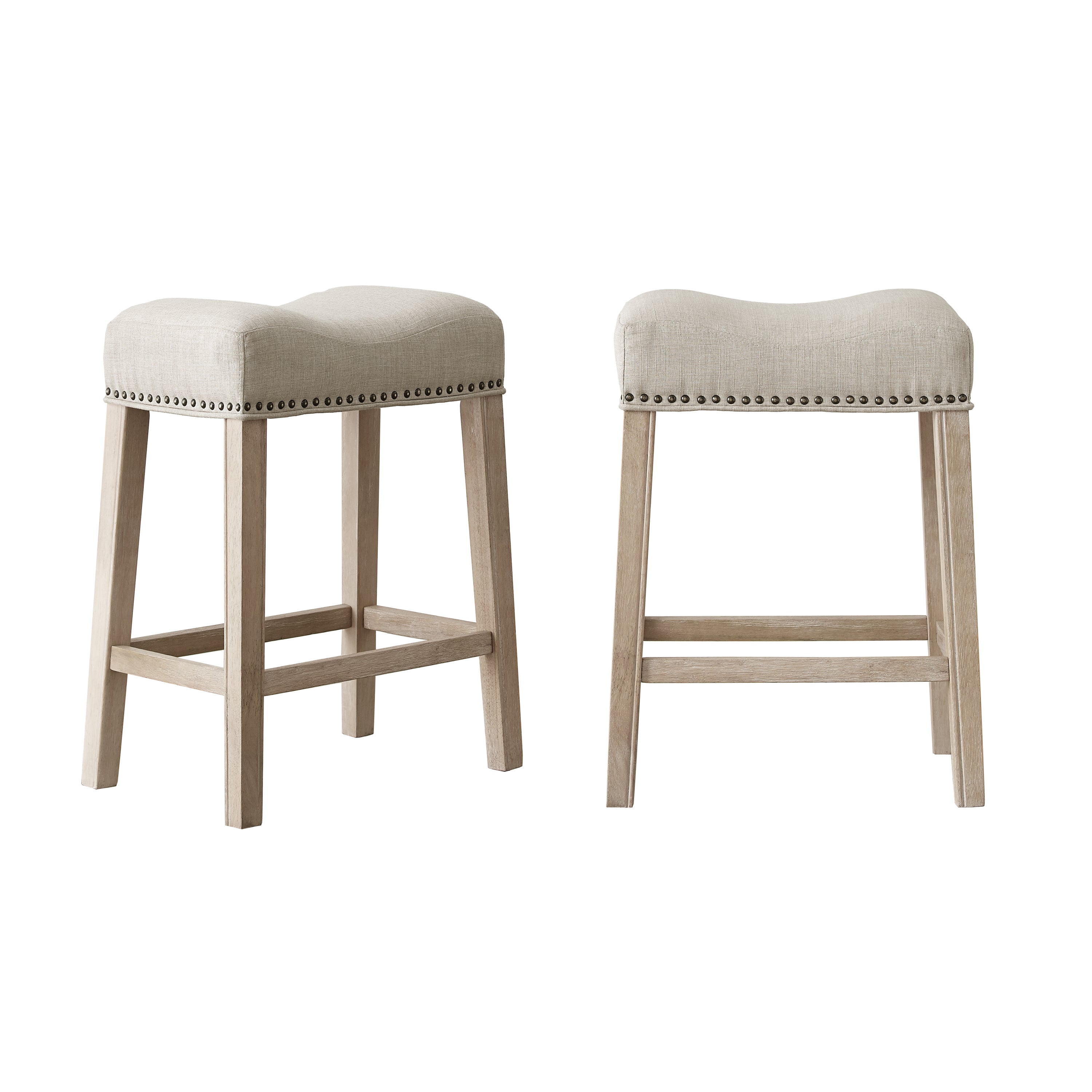 CoCo Upholstered Backless Saddle Seat Counter Stools 24 Inch Height Set of 2, Tan Fabric Bar Stools for Kitchen Island, Breakfast Nook & Home Decor
