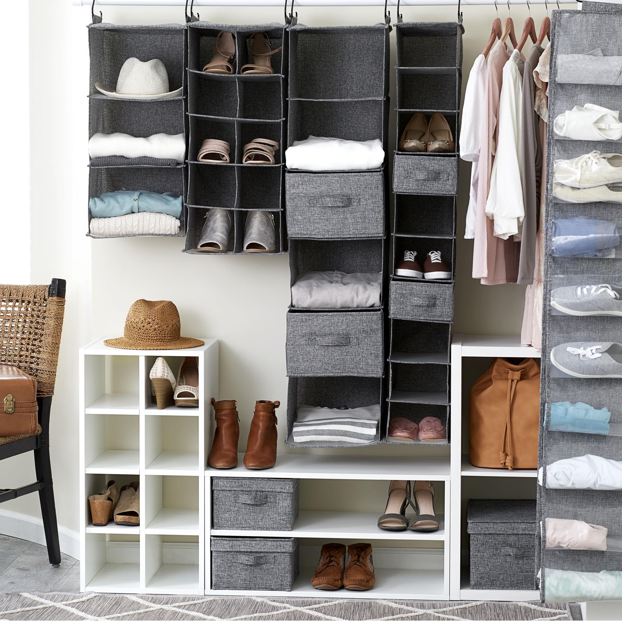 10-Pack Hanging Closet Organizer with Hooks - Space Saving Storage Shelf for Clothes, Shoes & Accessories - Durable Graphite Fabric - Perfect for Bedroom, Closet & Dorm Organization