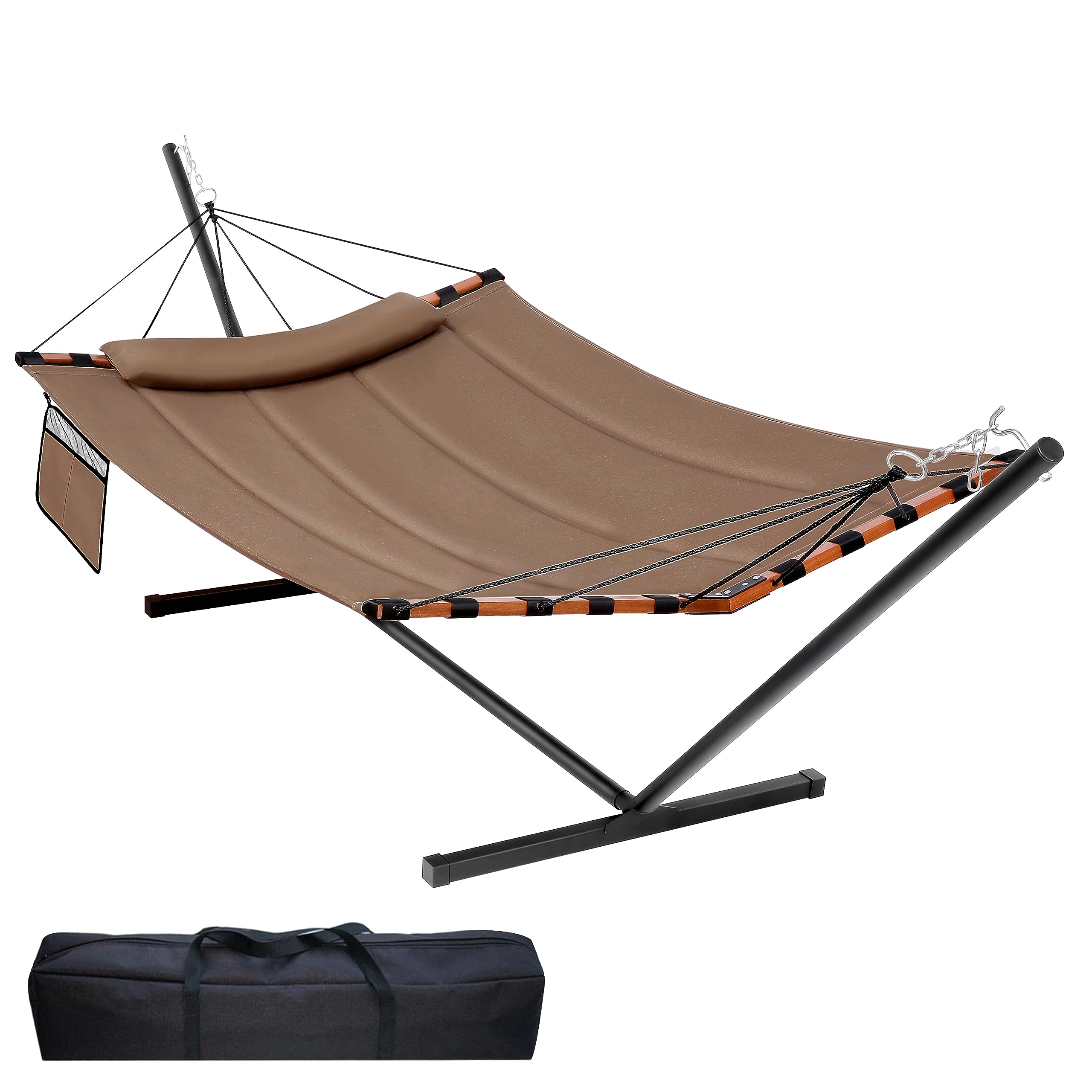 TegerDeger 12FT 2 Person Hammock with Stand - 450LB Capacity Large Outdoor Hammock (55 x 79IN) with Hardwood Spreader Bar & Durable Nylon Rope - Perfect for Patio, Garden, Backyard, Beach, Poolside Relaxation - Brown