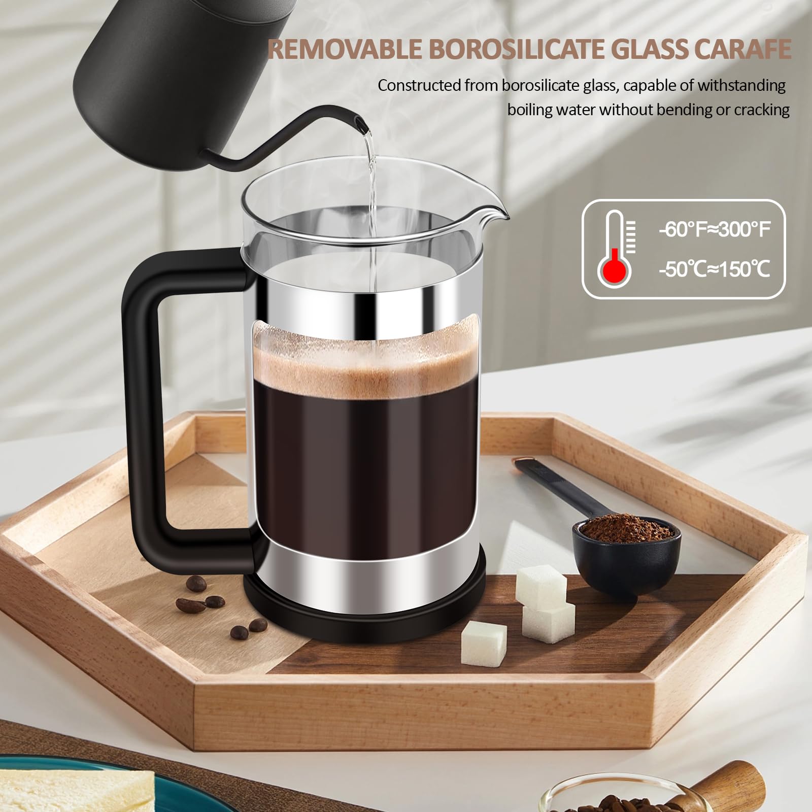 RAINBEAN 12 Oz French Press Coffee Maker - Single Serve Mini Coffee Press with 3-Stage Filtration, Heat-Resistant Borosilicate Glass - Perfect for Home, Office & Travel Coffee Brewing