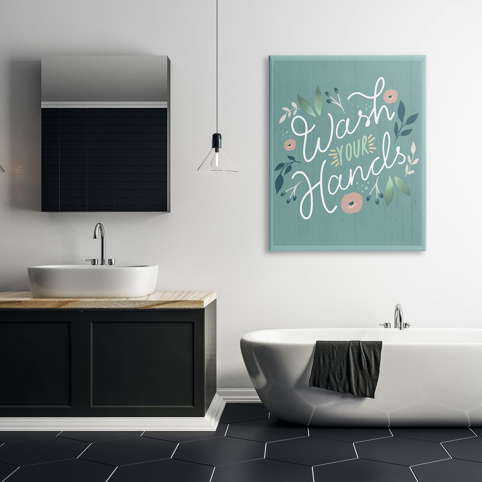 Stupell Industries Wash Your Hands Pink Floral Green Farmhouse Canvas Wall Art 36
