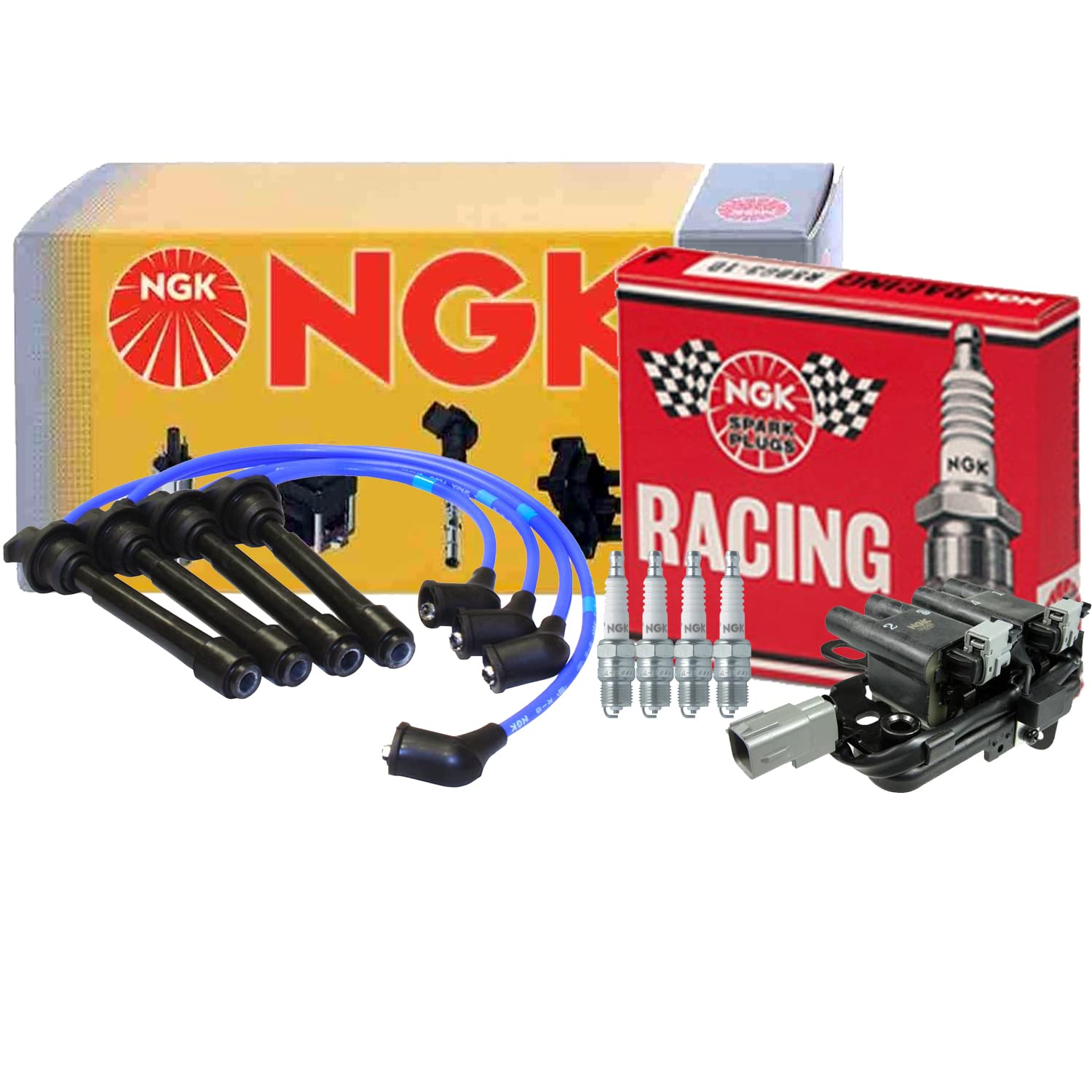NGK DIS Ignition Coil Wires & 4 Racing Spark Plugs Kit - Compatible with Hyundai Kia Vehicles - High Performance Engine Upgrade for Better Acceleration & Fuel Efficiency - Perfect for Racing, Off-Road & Daily Driving
