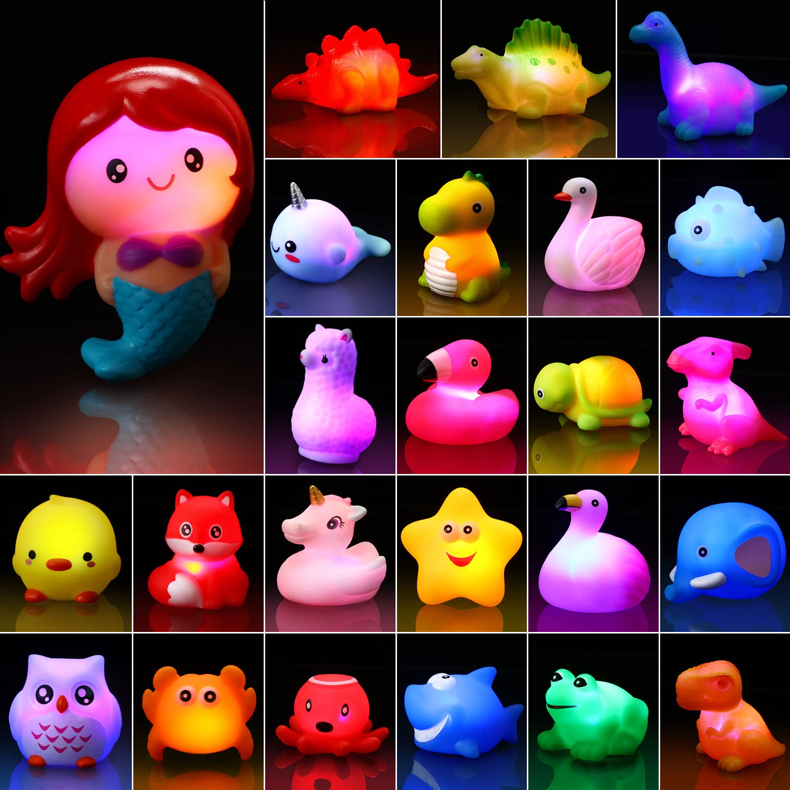 24 Pack LED Floating Animal Bath Toys for Babies & Toddlers - Color Changing Light Up Rubber Duckies for Bathtub, Pool & Shower Fun - Perfect Sensory Bath Time & Swimming Pool Games for Kids Boys Girls