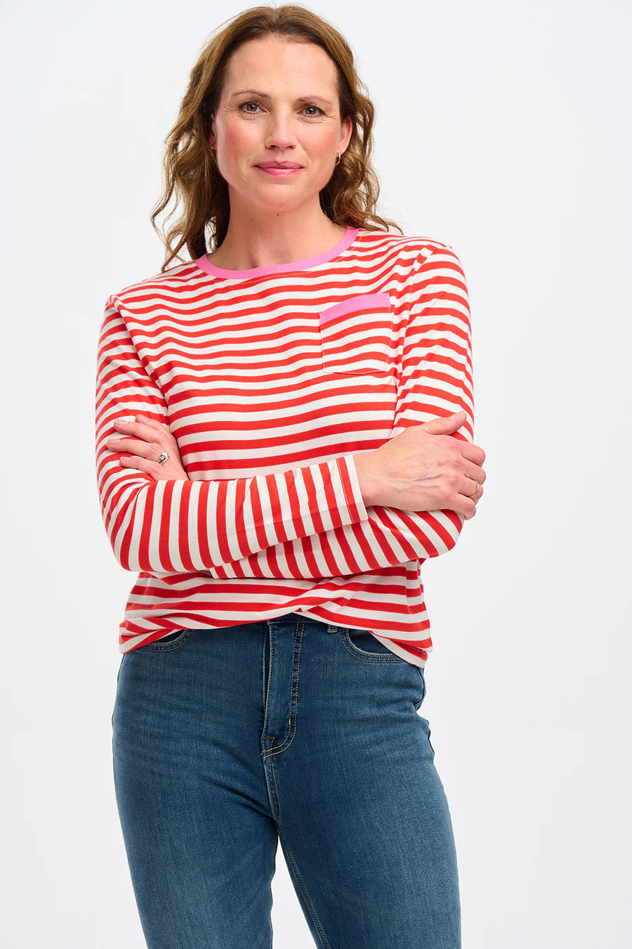 Brunswick Women's Jersey Top - Soft Comfortable Short Sleeve T-Shirt (Red, Off White/Pink Highlight) - Perfect for Casual Wear, Gym & Everyday Outfits