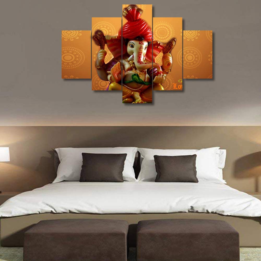 TUMOVO 5-Piece Lord Ganesha Wall Art Set - Wooden Framed Hindu God Decor for Bedroom & Living Room - Modern Indian Home Decor Ready to Hang (60''Wx40''H) - Perfect for Meditation Spaces, Yoga Rooms & Spiritual Home Decor