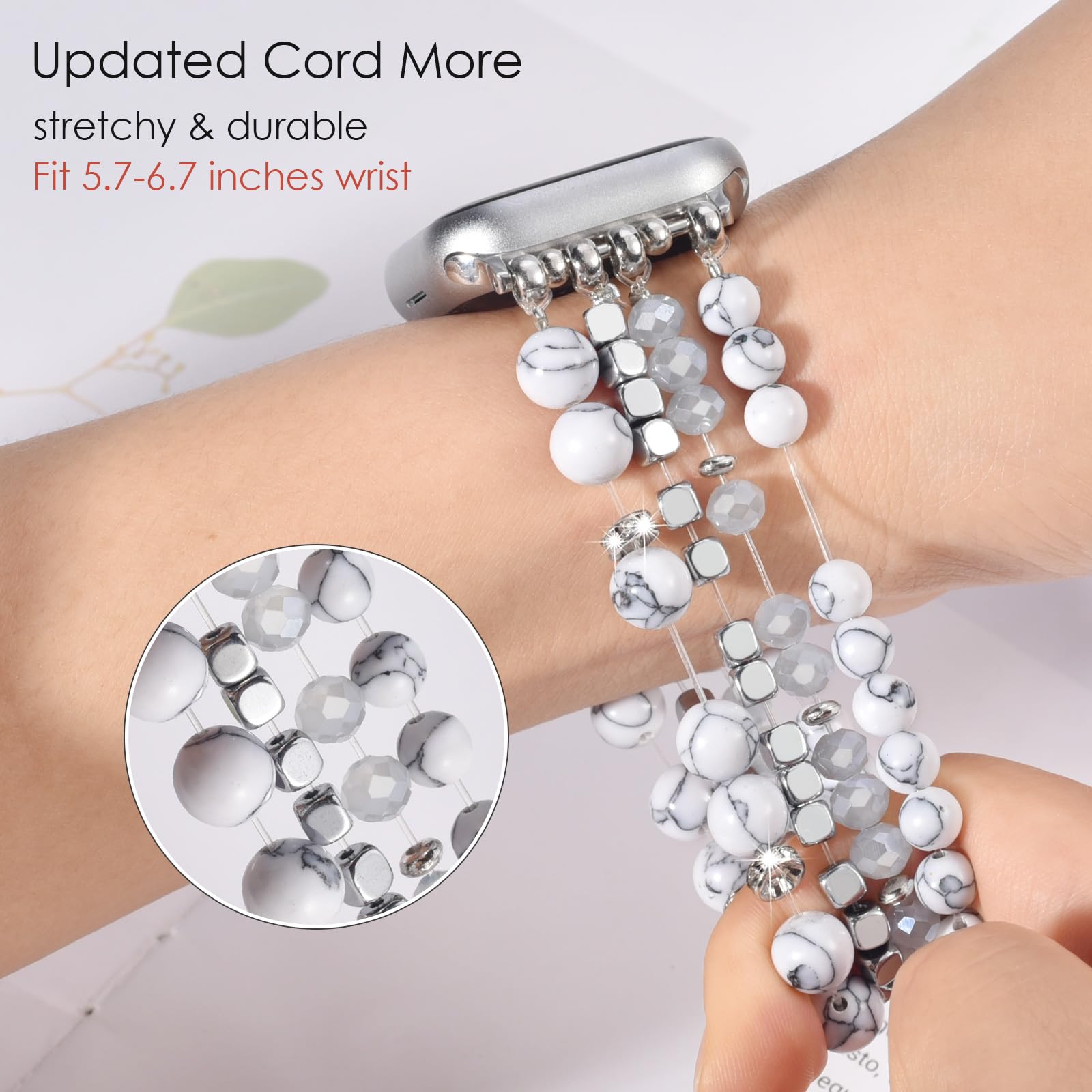 Natural Stone Beaded Stretch Bracelet Compatible with Apple Watch 38mm/40mm/41mm/42mm/44mm/45mm - Handmade Adjustable Strap for Women, iWatch Series 9/8/7/6/5/4/3/2/1/SE - Perfect for Office, Yoga & Casual Wear