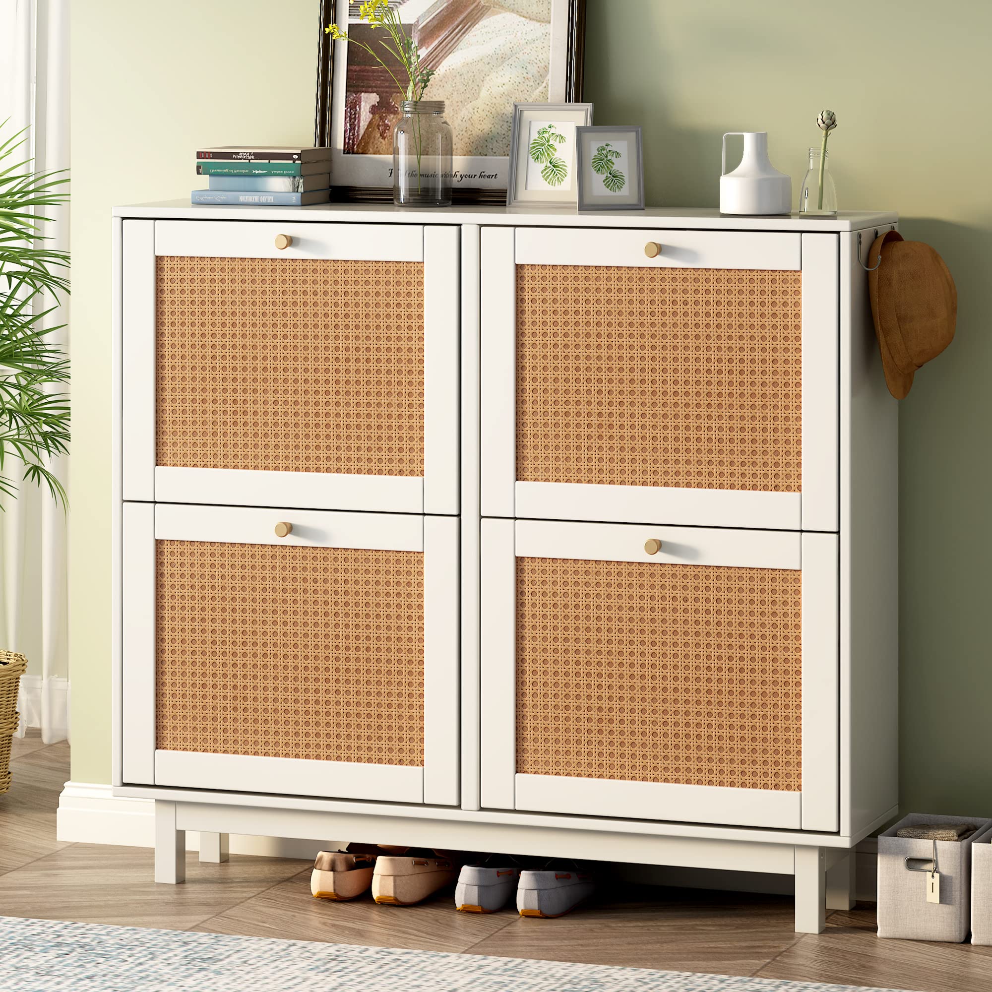 Boho Style Rattan Shoe Cabinet with 4 Flip Drawers - 2-Tier Shoe Storage Organizer with Large Capacity | Free Standing Shoe Rack for Entryway, Hallway, Bedroom & Closet (White/Boho) - Perfect for Small Spaces & Home Organization